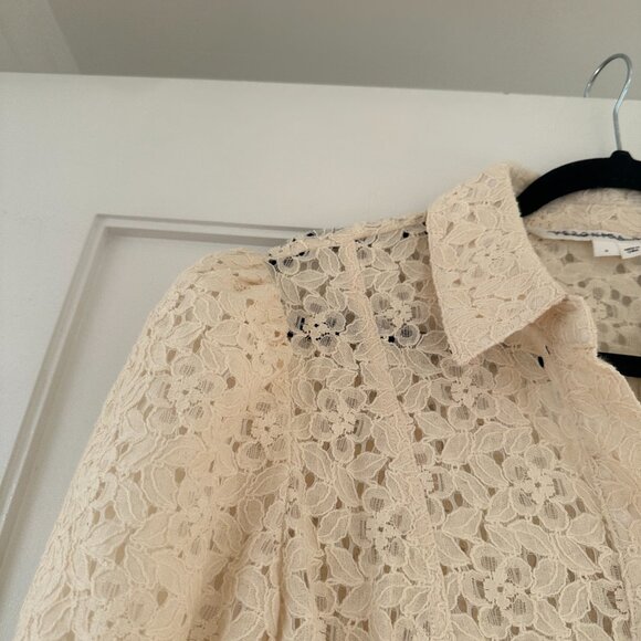 Veronica Beard Lace Mini Shirt Dress Sz 4 In Stone Khaki Button Down Puff Sleeve - Picture 7 of 10